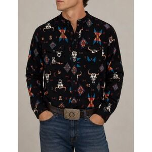 Wrangler Cowboy Cut Tall Mens Shirt Black Southwestern‎ Steer Skull ALTERED XL